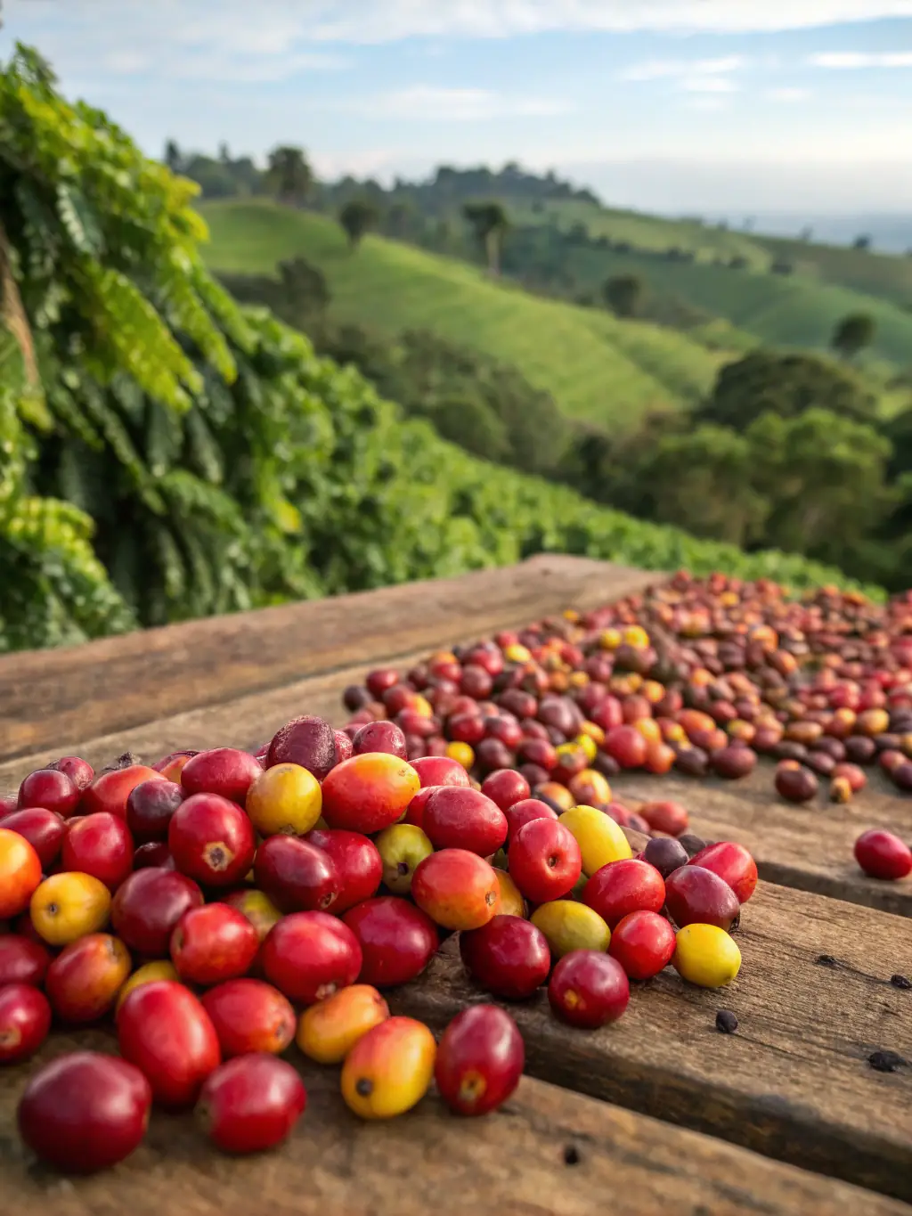 A visually appealing image of Kenyan coffee beans, emphasizing their bright, fruity flavors and crisp acidity, sourced from the high-altitude farms of Kenya.