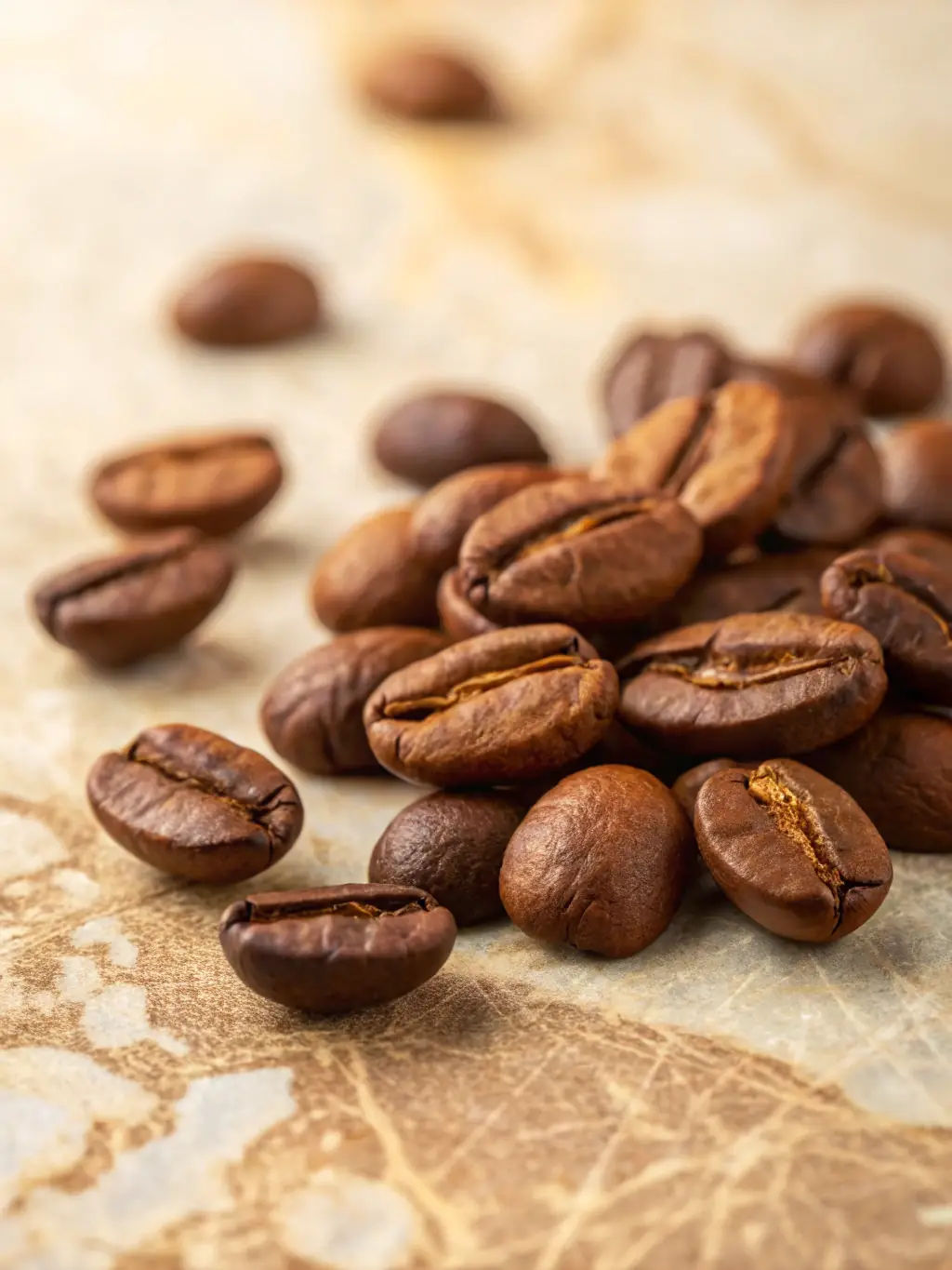 A close-up shot of Rwandan coffee beans, known for their sweet, complex flavors and bright acidity, cultivated in the rich volcanic soil of Rwanda.